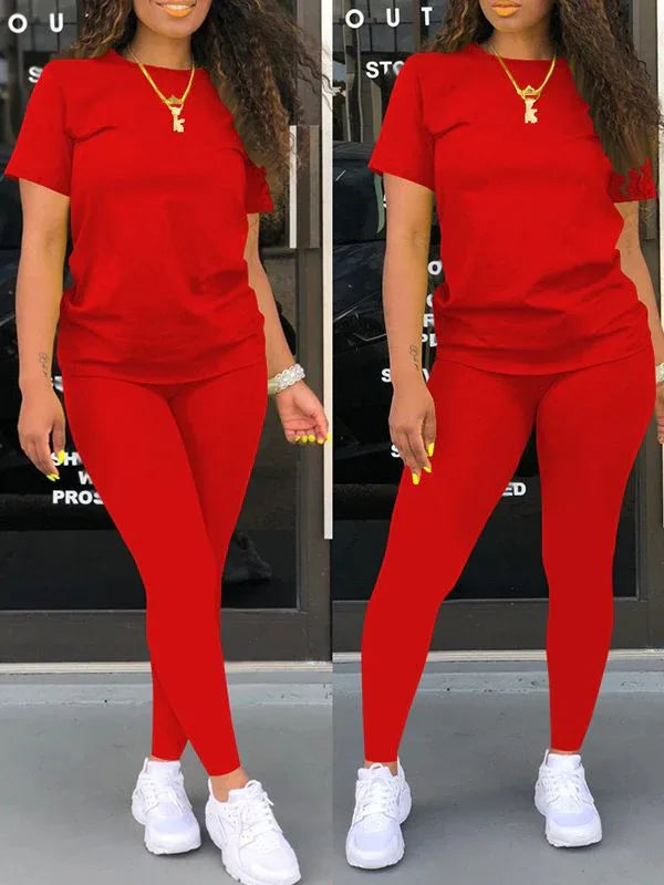 Women's Solid Casual Relaxed Tee & Wide-Leg Pants Set