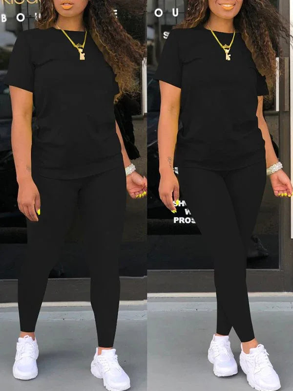 Women's Solid Casual Relaxed Tee & Wide-Leg Pants Set
