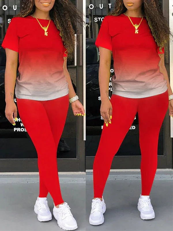 Women's Ombre Gradient Casual Tee & Wide-Leg Pants Set