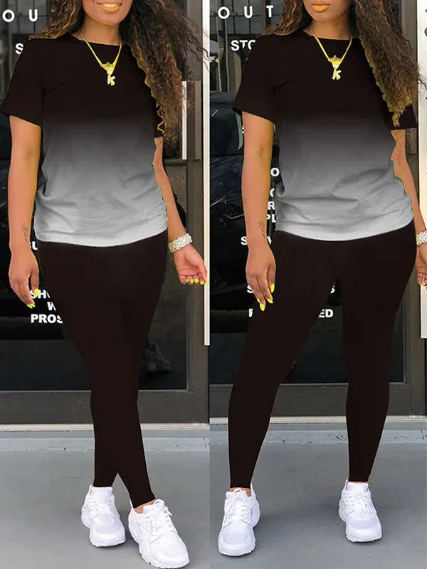 Women's Ombre Gradient Casual Tee & Wide-Leg Pants Set