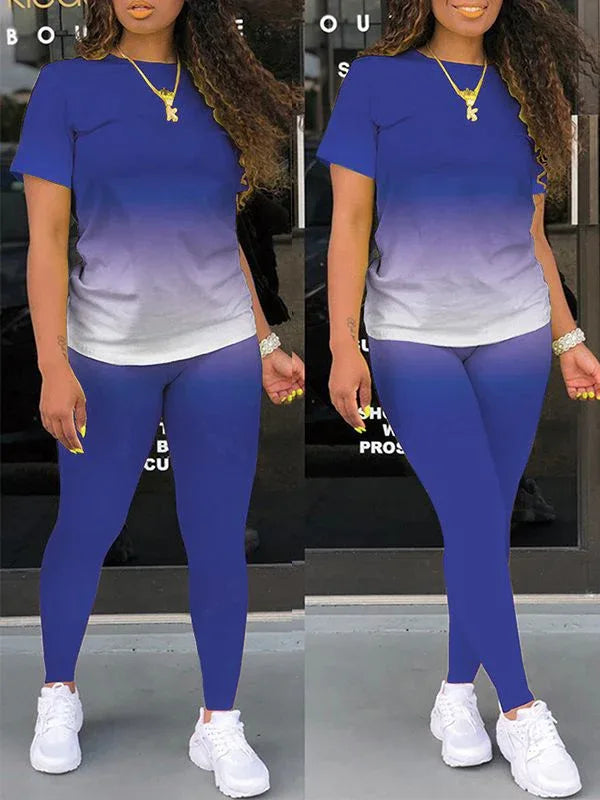 Women's Ombre Gradient Casual Tee & Wide-Leg Pants Set