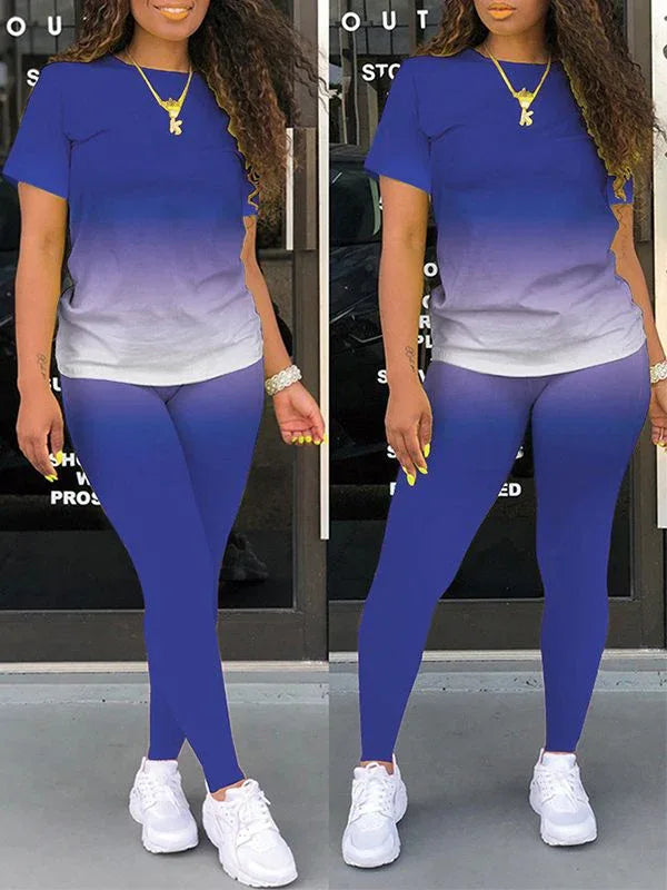 Women's Ombre Gradient Casual Tee & Wide-Leg Pants Set