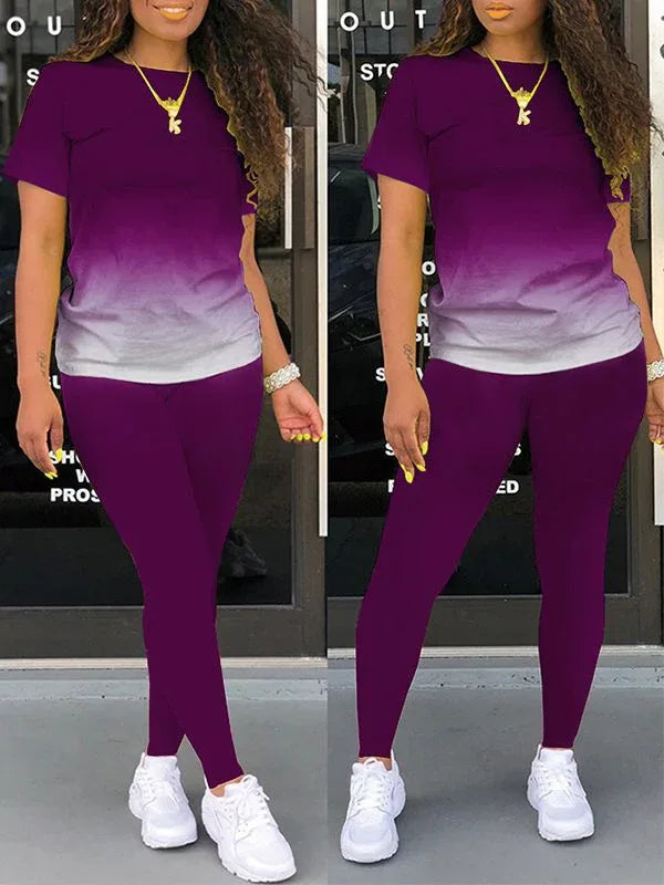 Women's Ombre Gradient Casual Tee & Wide-Leg Pants Set