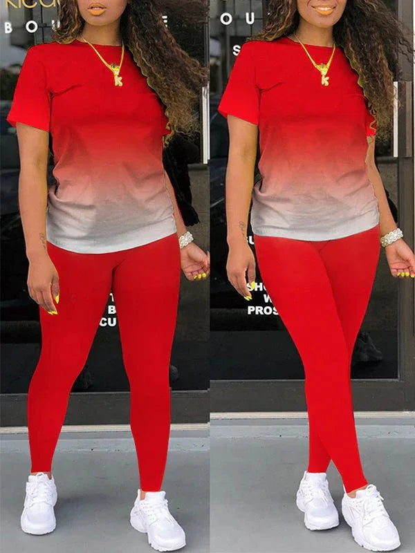 Women's Ombre Gradient Casual Tee & Wide-Leg Pants Set