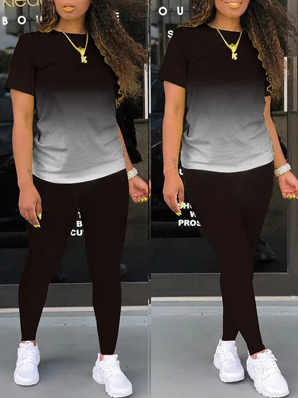 Women's Ombre Gradient Casual Tee & Wide-Leg Pants Set