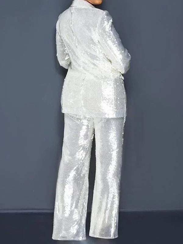 Women's Sequin Sparkle Tailored Blazer & Straight Pants Set
