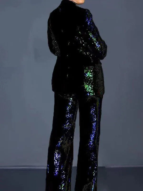 Women's Sequin Sparkle Tailored Blazer & Straight Pants Set