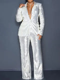 Women's Sequin Sparkle Tailored Blazer & Straight Pants Set