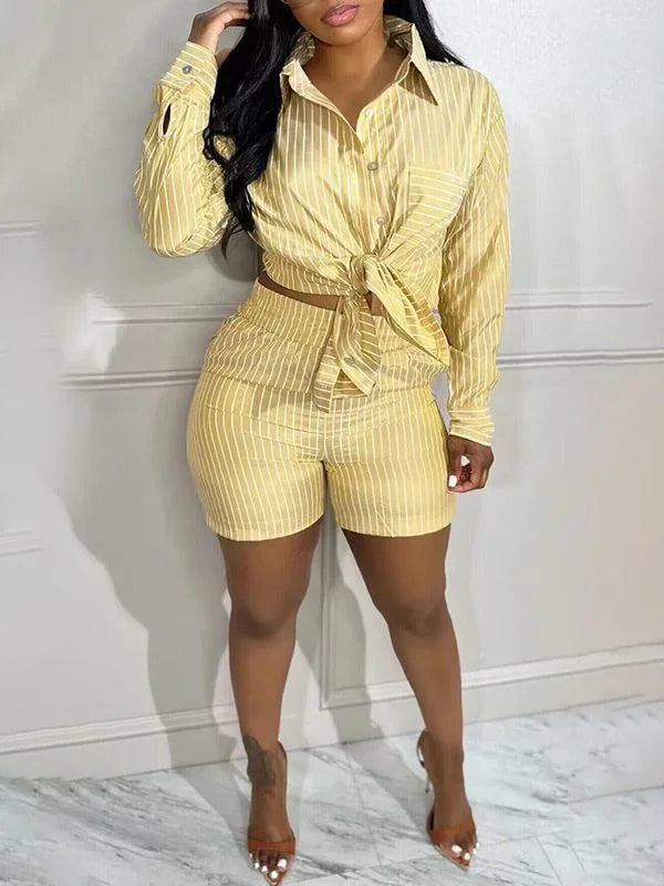 Women's Striped Button-Down Shirt & High-Waist Shorts Set