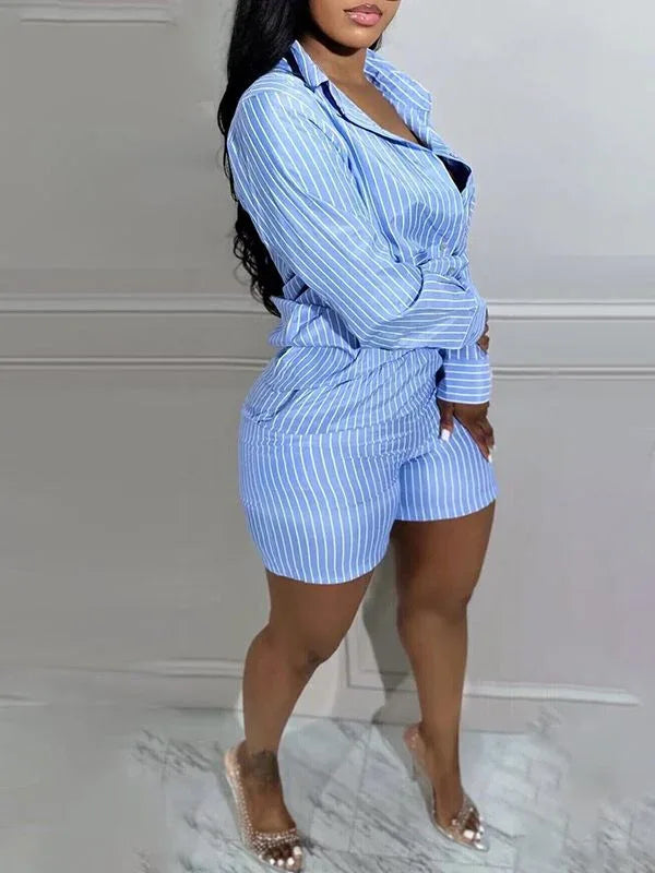 Women's Striped Button-Down Shirt & High-Waist Shorts Set