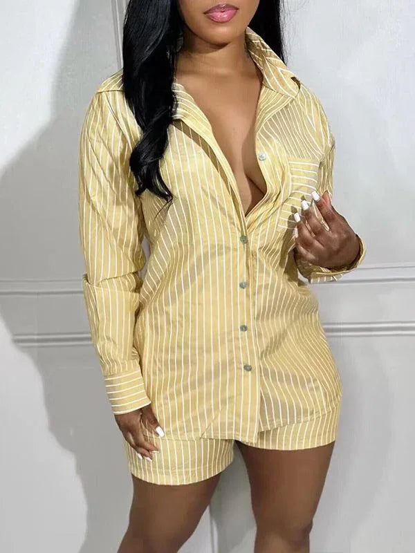 Women's Striped Button-Down Shirt & High-Waist Shorts Set