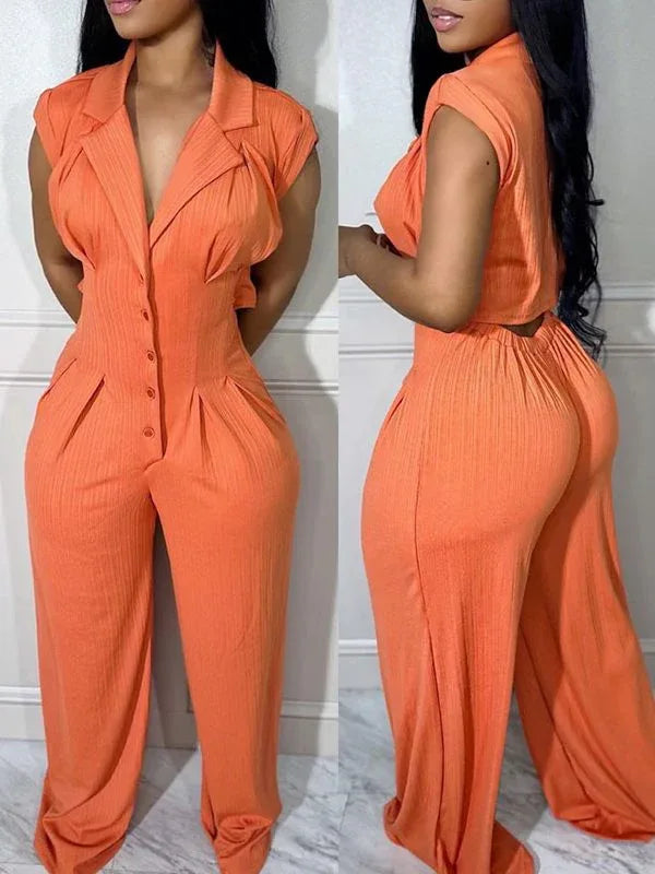 Women's Button-Front Cutout Sleeveless Straight-Leg Jumpsuit