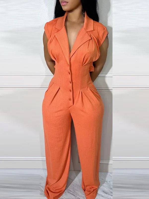 Women's Button-Front Cutout Sleeveless Straight-Leg Jumpsuit