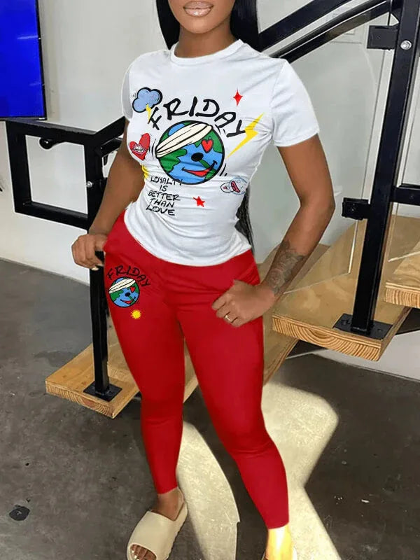 Women's Logo-Print Casual Oversized Tee & Pants Set