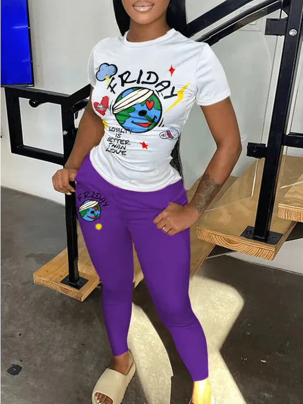 Women's Logo-Print Casual Oversized Tee & Pants Set