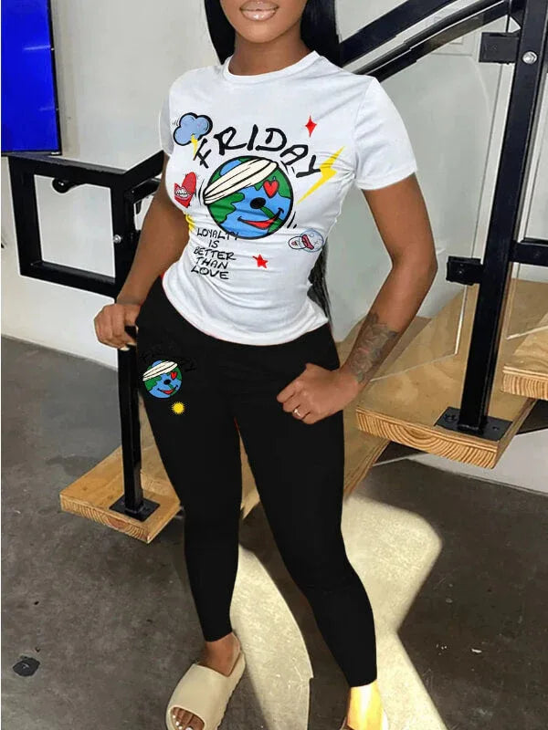 Women's Logo-Print Casual Oversized Tee & Pants Set