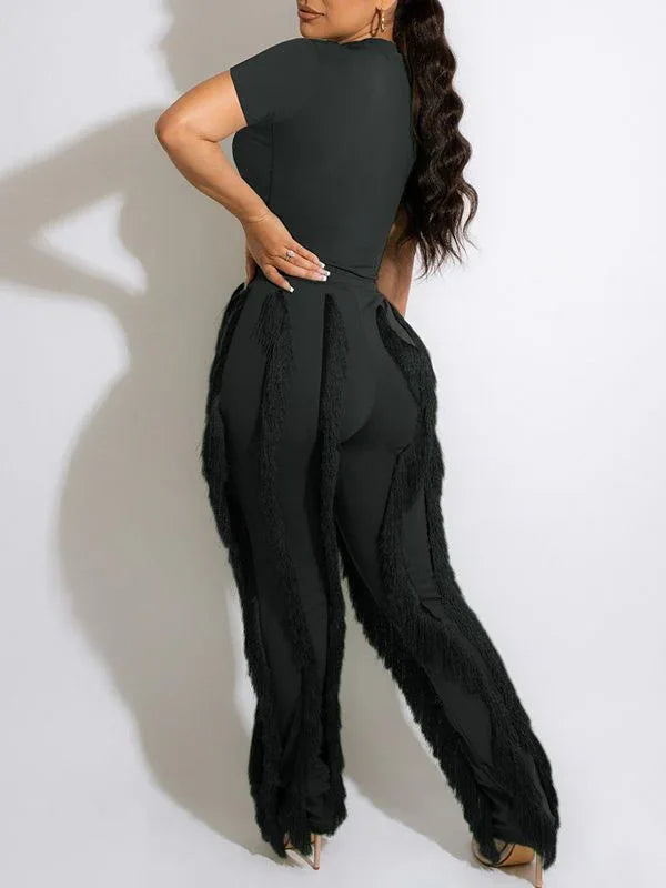 Women's Solid Casual Tee & Boho Fringe Wide-Leg Pants Set