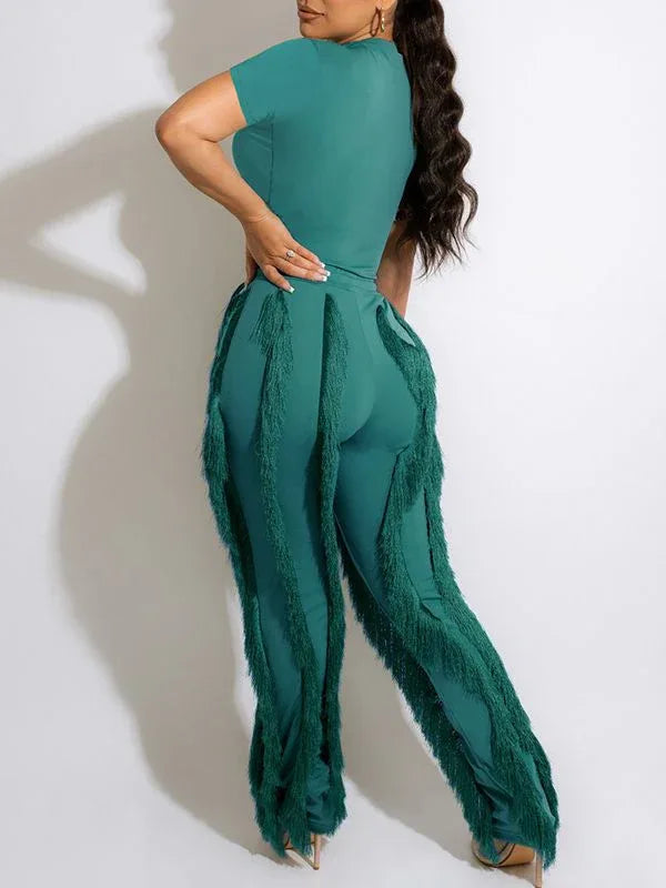 Women's Solid Casual Tee & Boho Fringe Wide-Leg Pants Set