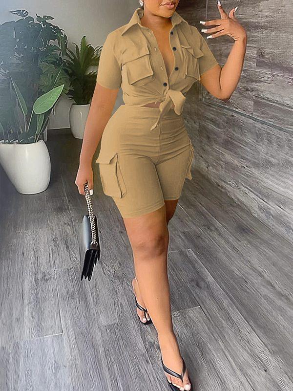 Women's Casual Cargo Pocket Shirt & High-Waist Shorts Set
