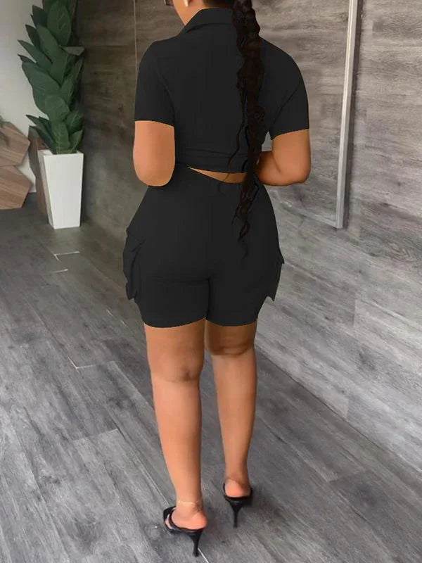 Women's Casual Cargo Pocket Shirt & High-Waist Shorts Set