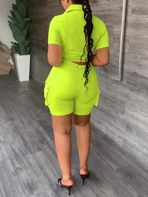 Women's Casual Cargo Pocket Shirt & High-Waist Shorts Set