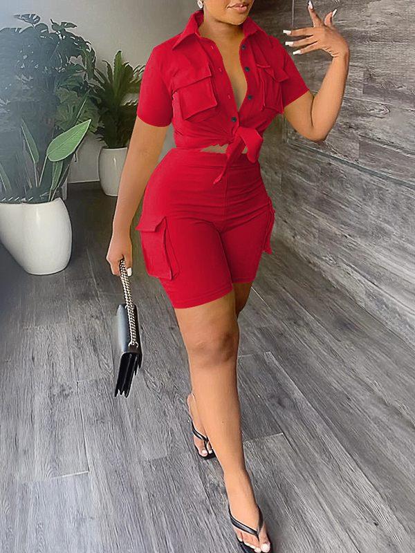Women's Casual Cargo Pocket Shirt & High-Waist Shorts Set