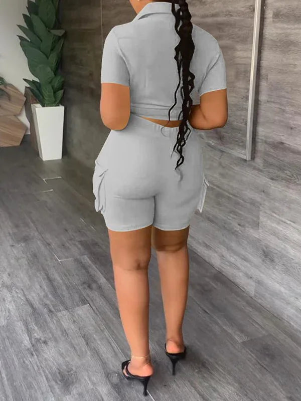 Women's Casual Cargo Pocket Shirt & High-Waist Shorts Set