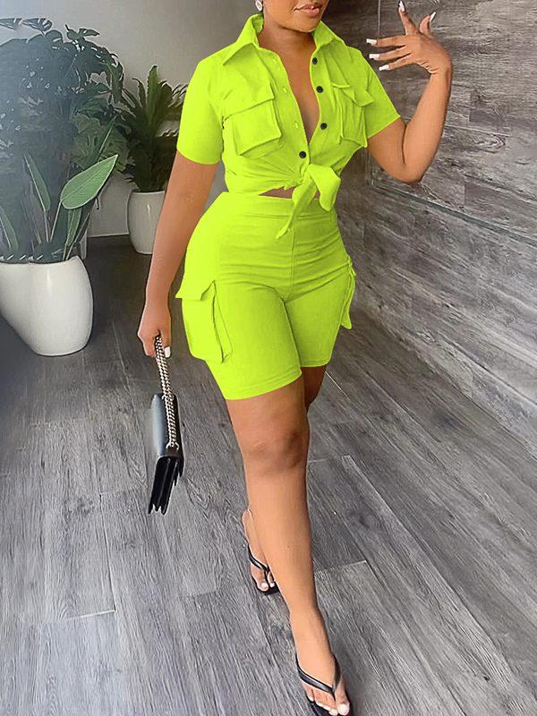 Women's Casual Cargo Pocket Shirt & High-Waist Shorts Set