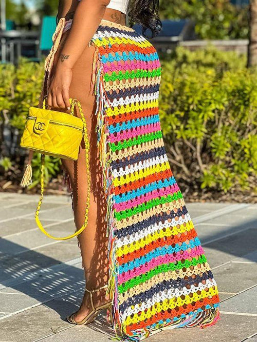 Women's Boho Fringe Crochet Open-Knit Mini Skirt