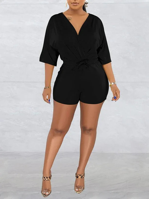 Women's V-Neck Drawstring Elastic-Waist Casual Romper