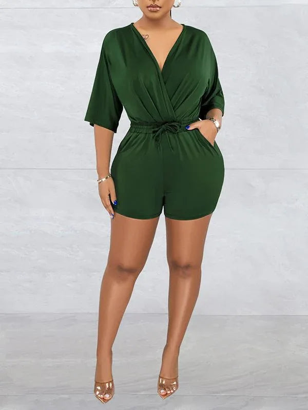 Women's V-Neck Drawstring Elastic-Waist Casual Romper