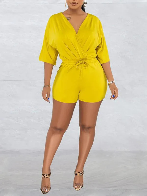 Women's V-Neck Drawstring Elastic-Waist Casual Romper
