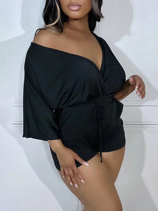 Women's V-Neck Drawstring Elastic-Waist Casual Romper