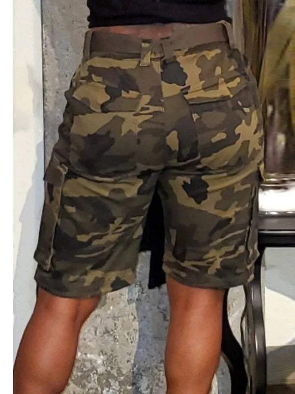Women's Camo Print Drawstring Elastic-Waist Cargo Shorts
