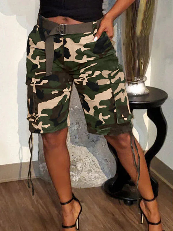 Women's Camo Print Drawstring Elastic-Waist Cargo Shorts