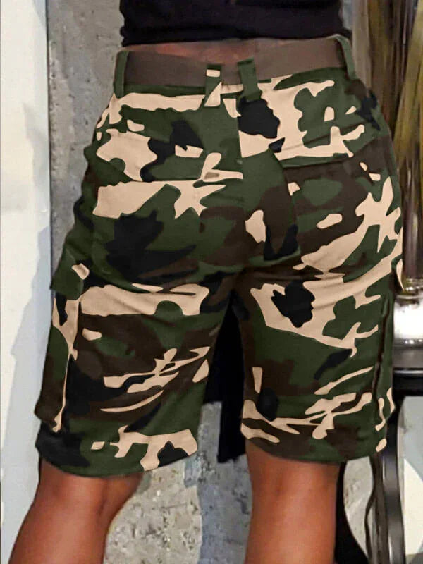 Women's Camo Print Drawstring Elastic-Waist Cargo Shorts