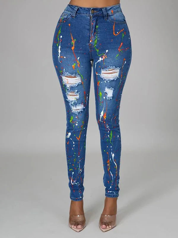 Women's Spray-Paint Ripped Distressed Straight-Leg Jeans
