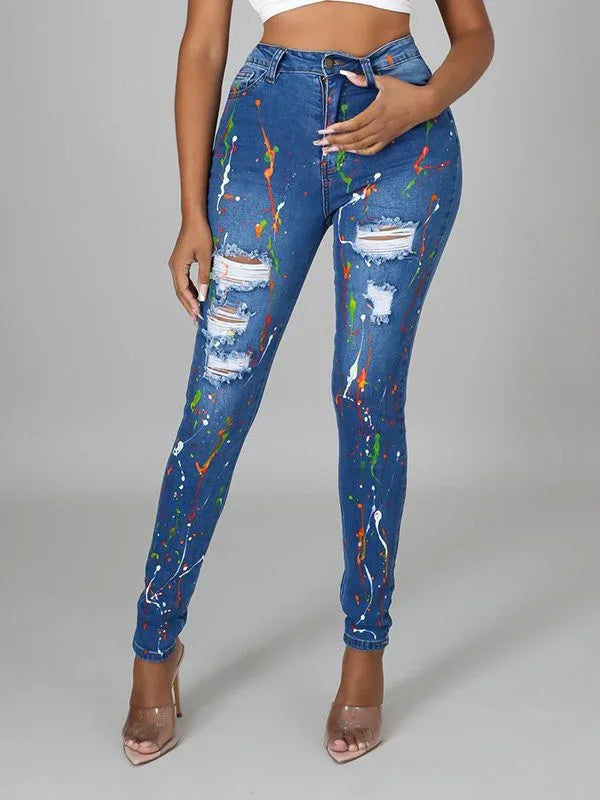 Women's Spray-Paint Ripped Distressed Straight-Leg Jeans