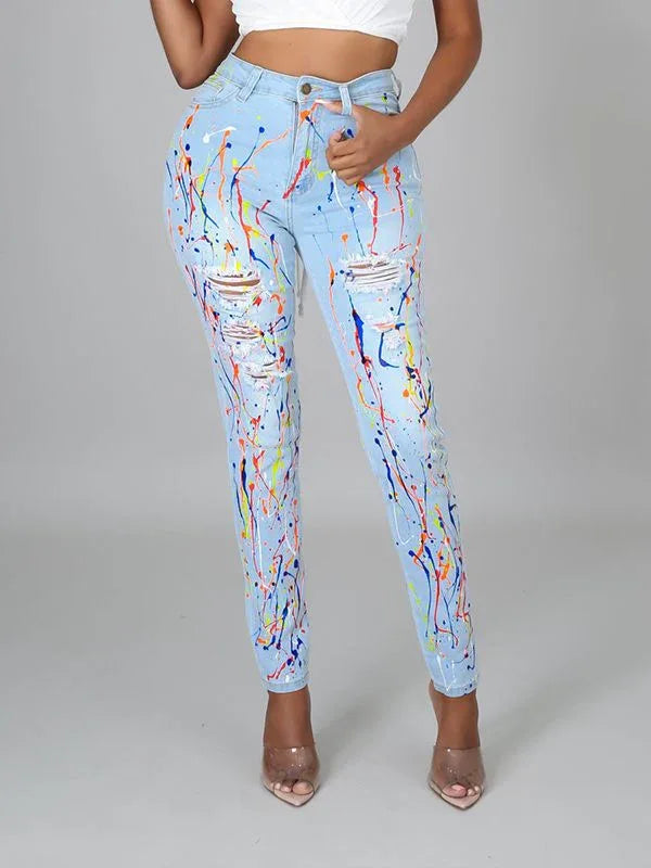 Women's Spray-Paint Ripped Distressed Straight-Leg Jeans