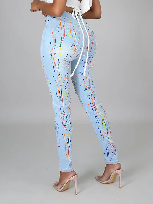 Women's Spray-Paint Ripped Distressed Straight-Leg Jeans