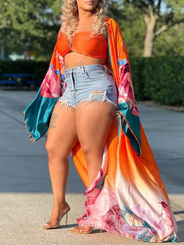 Women's Printed Flowy Open-Front Kimono Cardigan Top