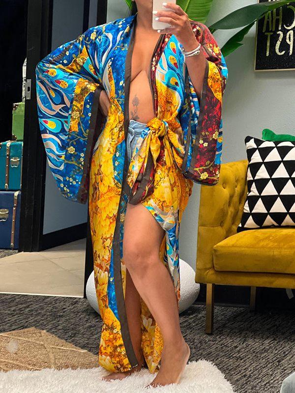 Women's Printed Flowy Open-Front Kimono Cardigan Top