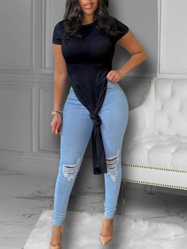 Women's Solid High-Low Slit Hem Relaxed Tunic Top