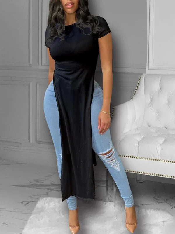 Women's Solid High-Low Slit Hem Relaxed Tunic Top