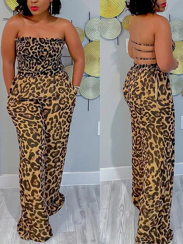 Women's Leopard Print Smocked Strapless Wide-Leg Jumpsuit