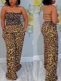 Women's Leopard Print Smocked Strapless Wide-Leg Jumpsuit