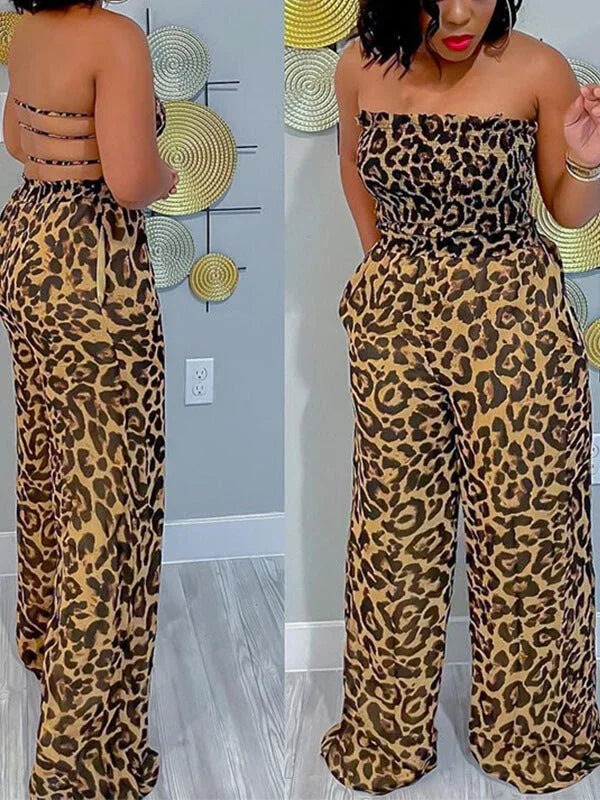 Women's Leopard Print Smocked Strapless Wide-Leg Jumpsuit