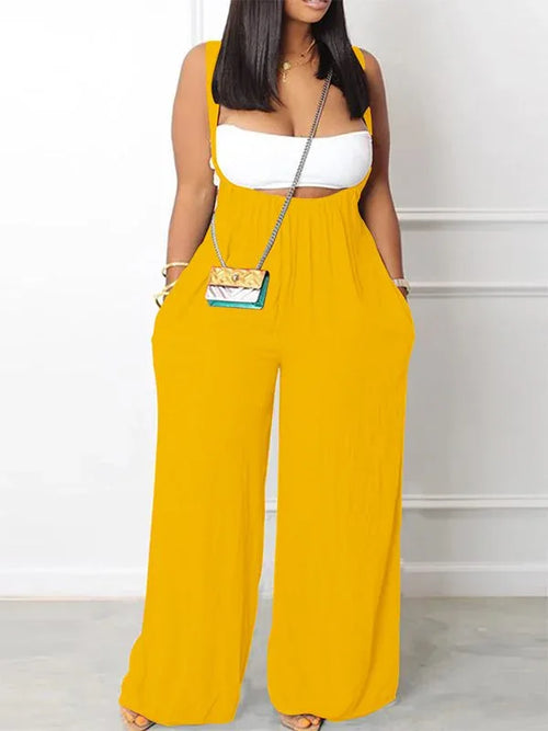 Women's Bandeau Crop Top & Denim Wide-Leg Overalls Set