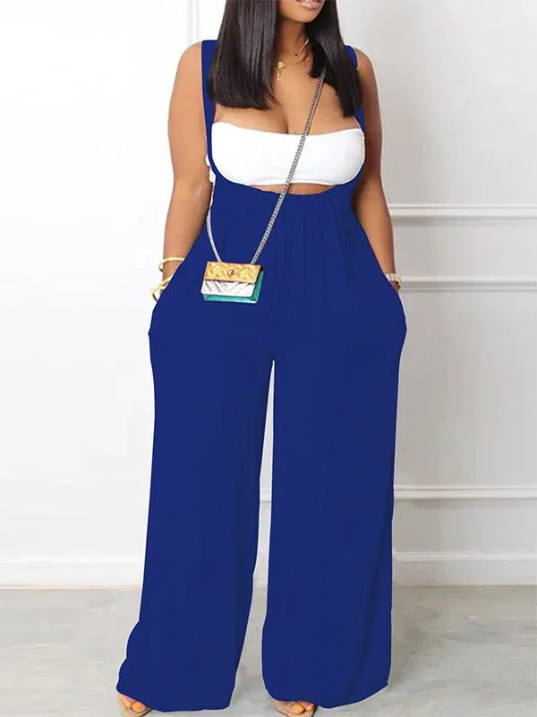 Women's Bandeau Crop Top & Denim Wide-Leg Overalls Set