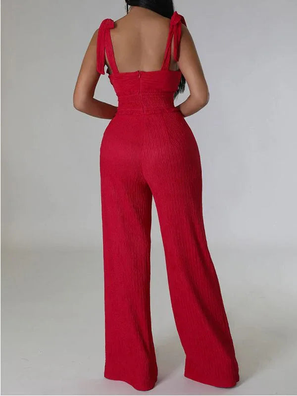 Women's Solid Tie-Shoulder Sleeveless Wide-Leg Jumpsuit